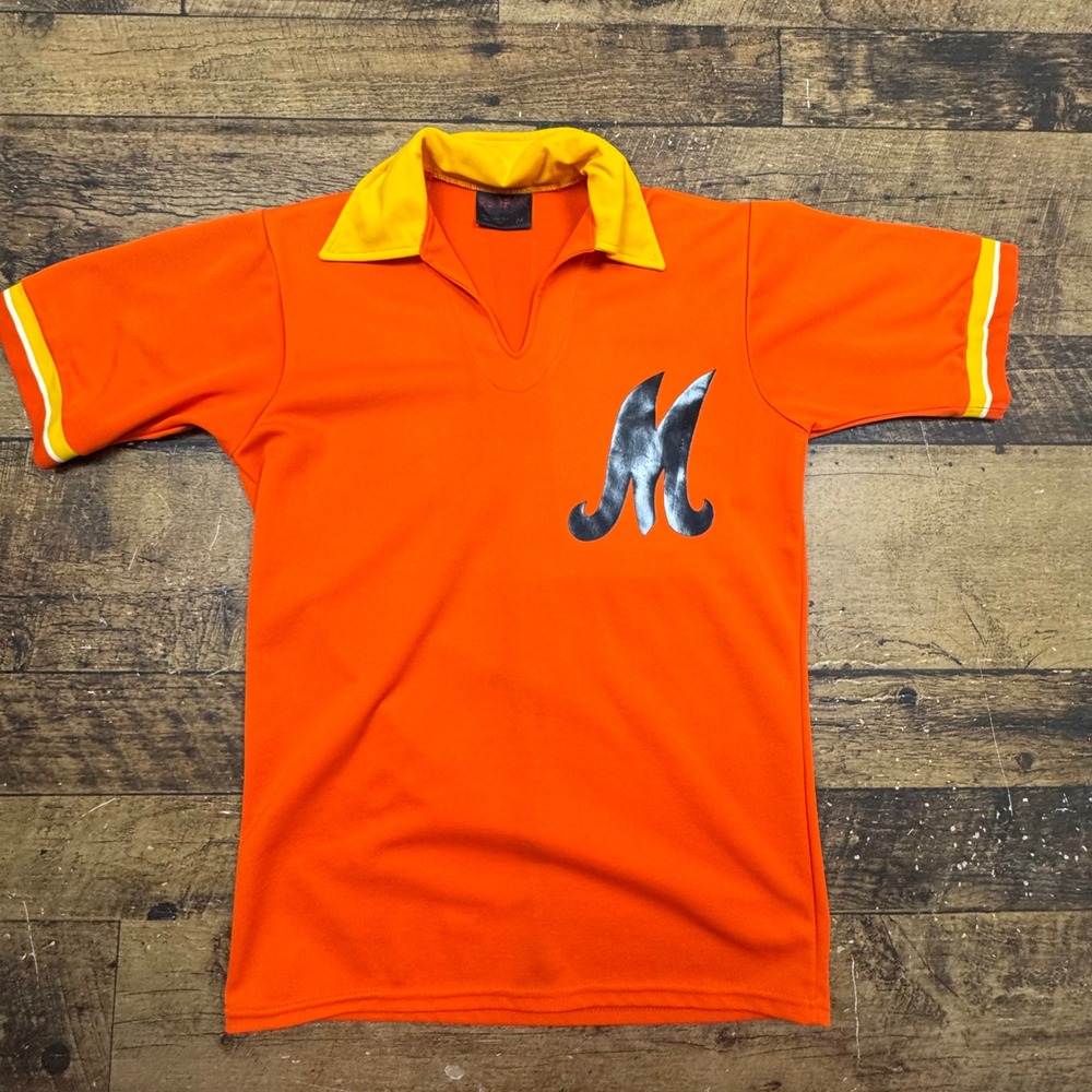 vintage 70s baseball shirt "Wagon Wheel Produce" Short Sleeve Polo Shirt‎  L